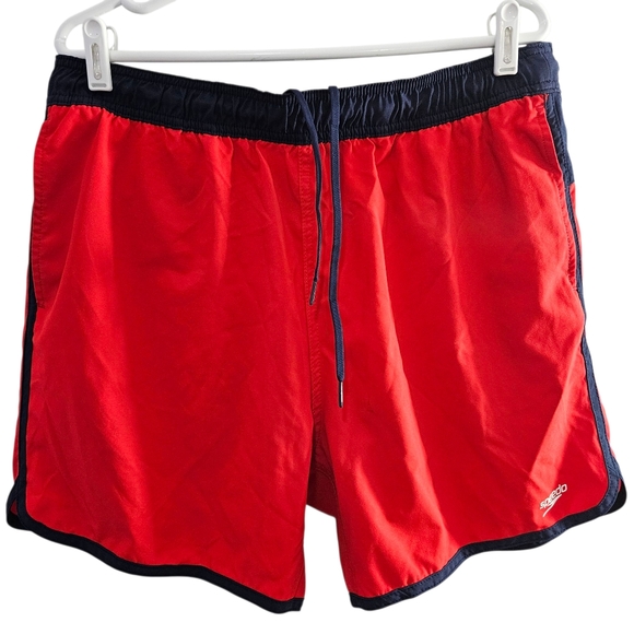Speedo Men Bright Red Swim Shorts with Dark Blue Accents Trucks - Picture 1 of 14